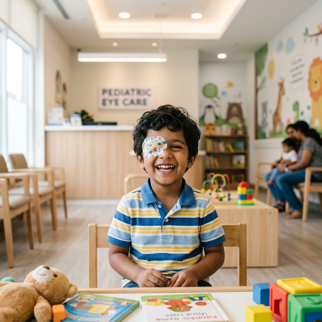 Young child undergoing lazy eyes treatment in Navi Mumbai with occlusion patching therapy