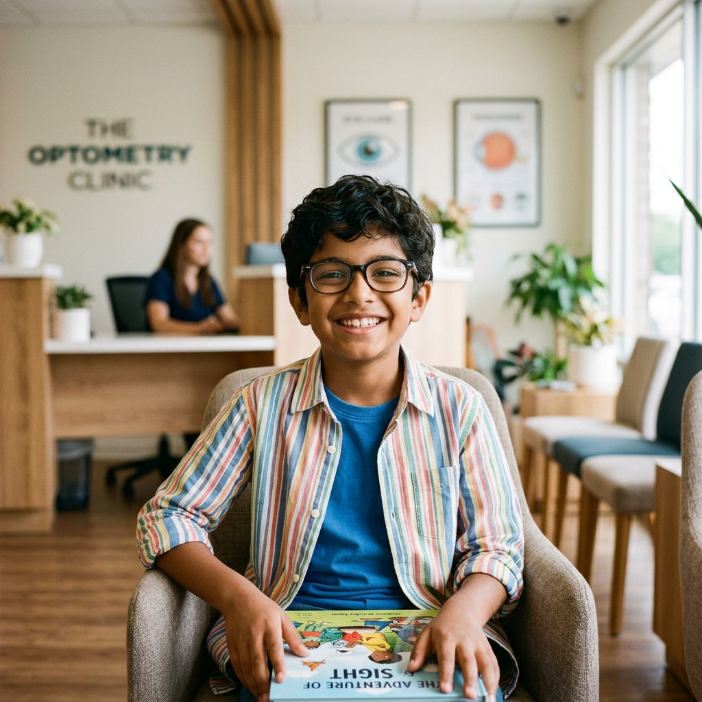 Happy child wearing prescription glasses after myopia correction