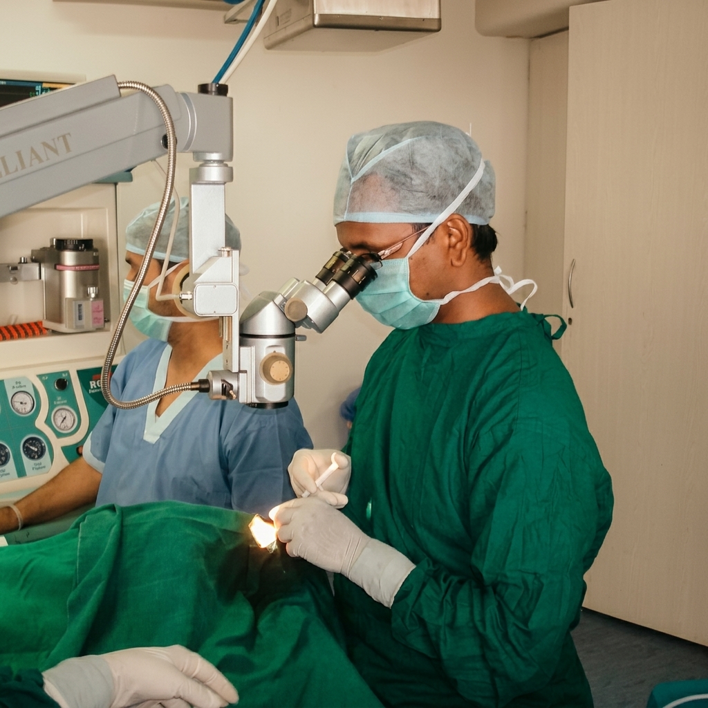 Surgeon performing micro-incision squint surgery under an operating microscope at Utsav Eye Clinic